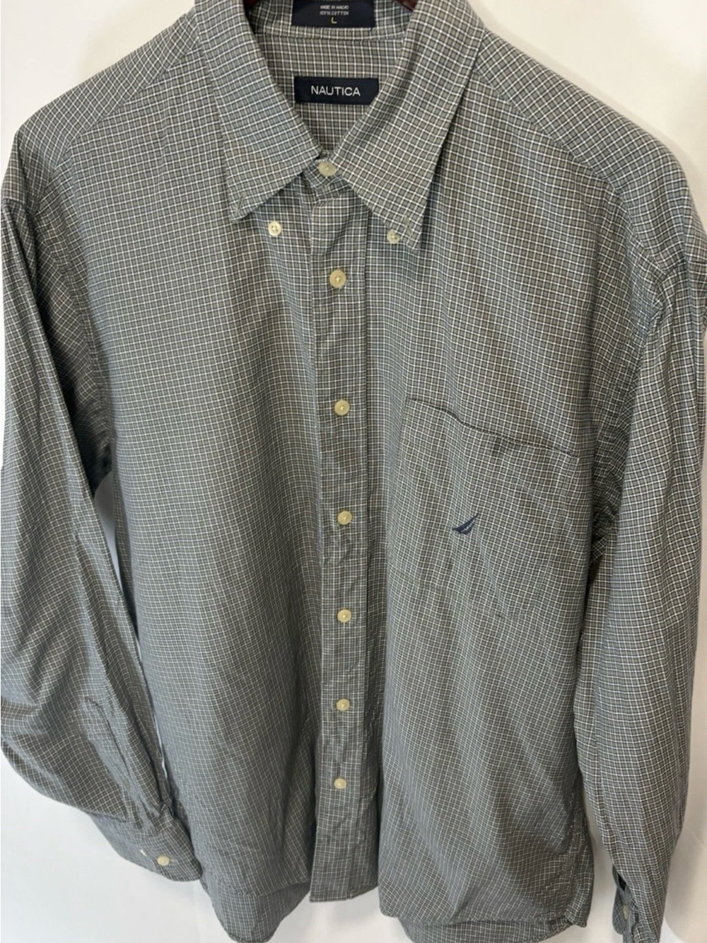 Nautica Men's Long Sleeve Button Up 100% Cotton Long Sleeve Green Plaid Shirt LG - Picture 2 of 7